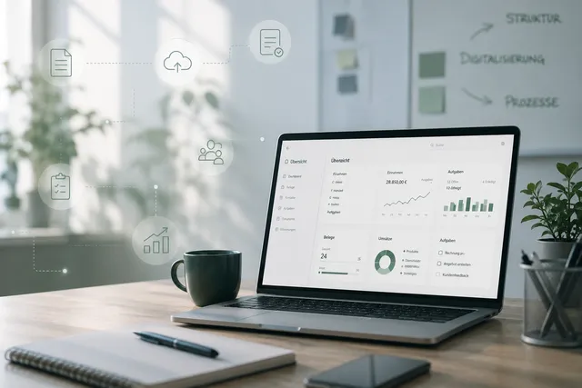 KI-generiertes Symbolbild: Laptop mit digitalem Dashboard für Belege, Aufgaben und Kennzahlen, umgeben von Symbolen für Struktur, Digitalisierung und Prozesse